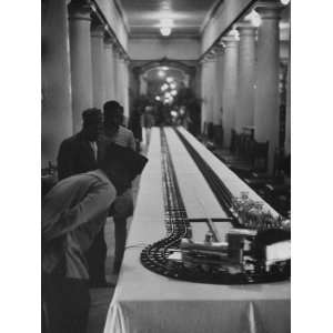  Silver Train on Track on Long Banquet Table Being Tested 
