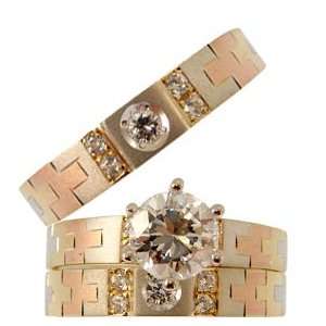   and Rose Gold, Trio Three Piece Wedding Ring Set with Lab Created Gems